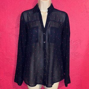 Express Portofino Sheer Blouse. Navy blue with red hearts. Sz small.